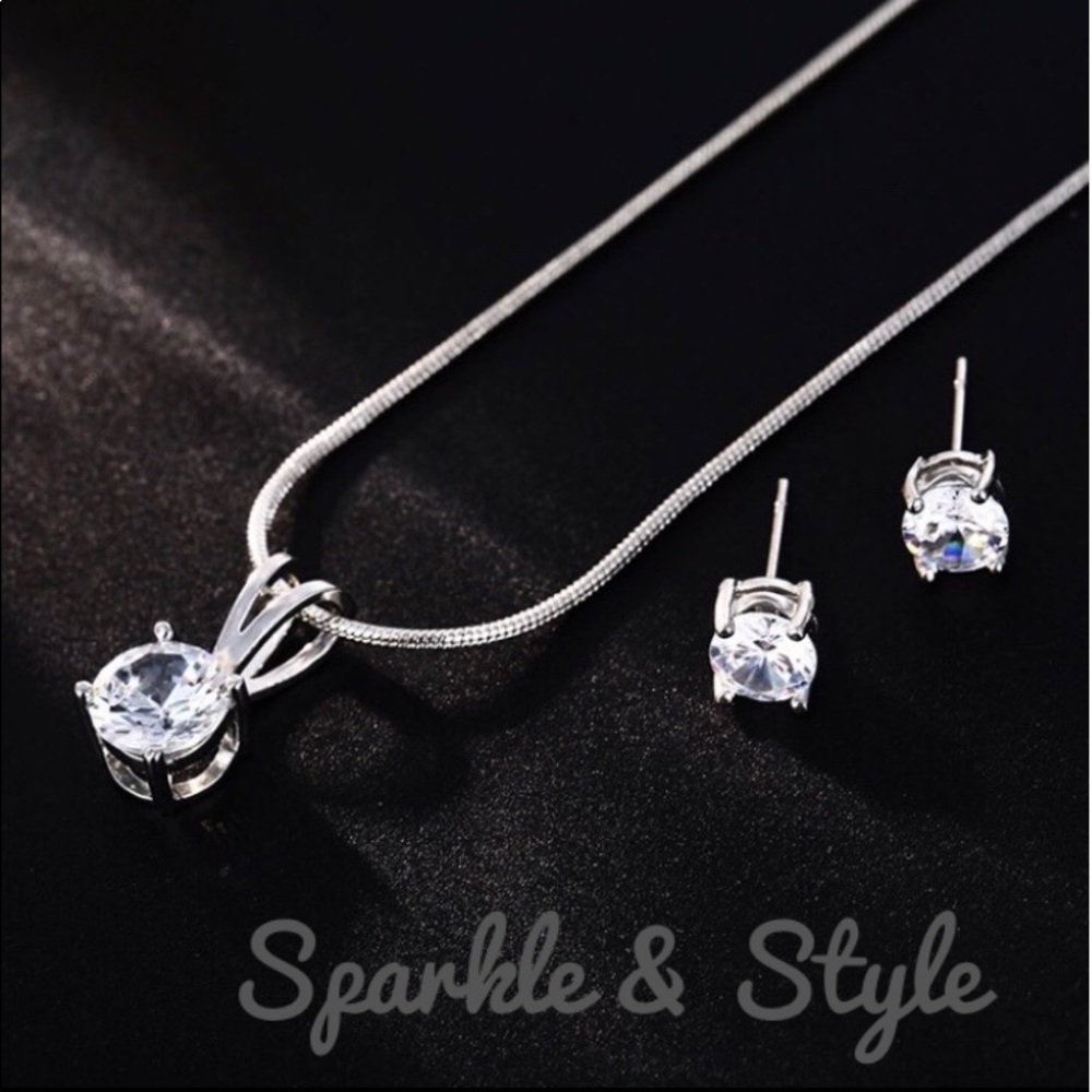 New Silver, Diamond Earrings and Necklace Set ✨ - Picture 2 of 2